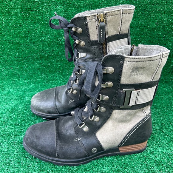Sorel Shoes - Sorel Major Carly Leather Canvas Boots Black Grill NL2157-252 Womens 7.5